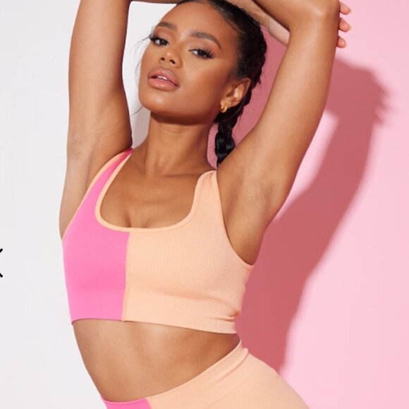 PLT PrettyLittleThing Hot Pink 2 Color Block Scoop Neck Sports Bra L New - Picture 1 of 6